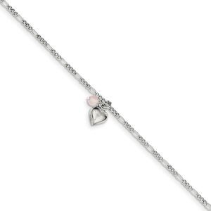 Sterling Silver Cherry Quartz, Puffed Heart Anklet, 10 Inch